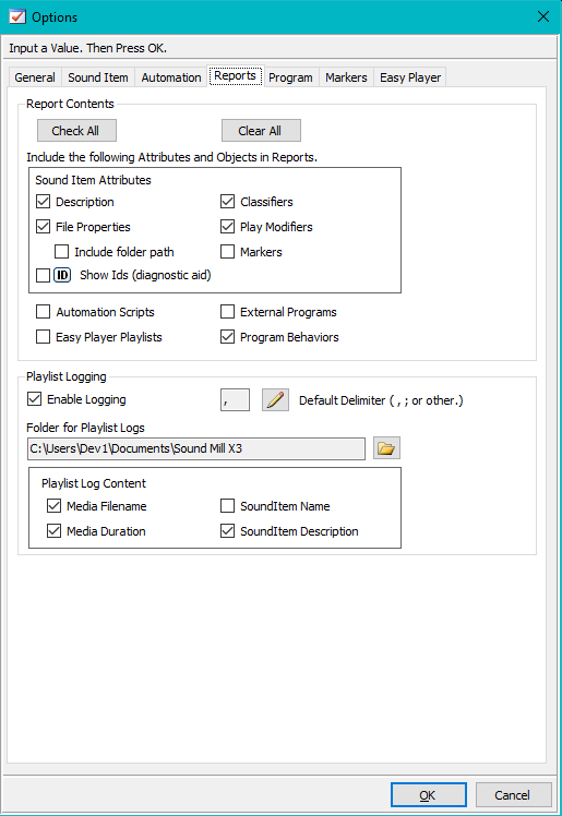 Figure 1.  Reports Options dialog 