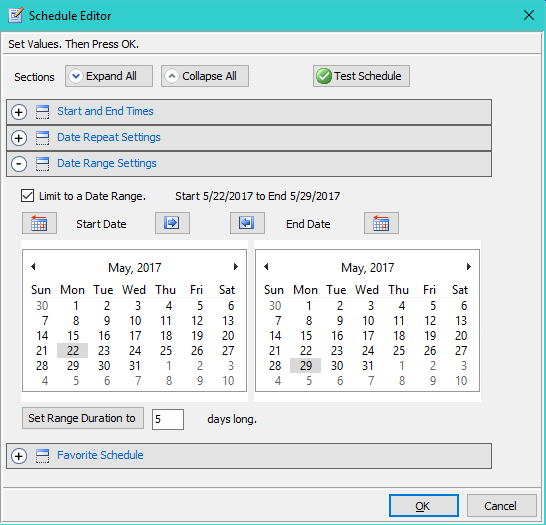 Figure 2.  Schedule Editor - Date Range settings  