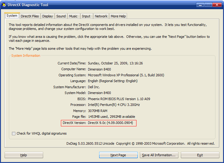 Figure 1. DirectX Diagnostic Tool - System tab 