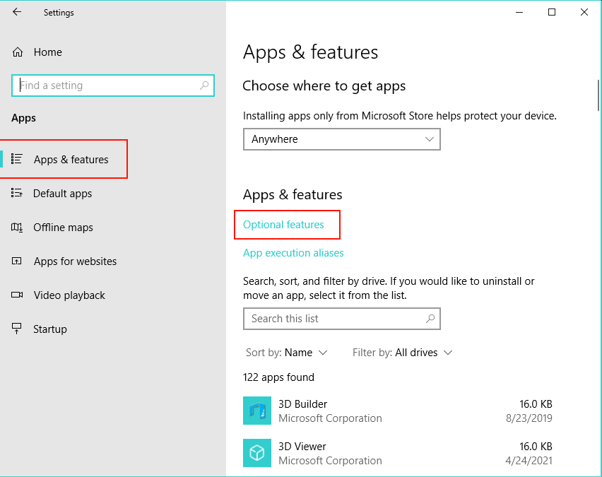 Figure 2. Apps > Apps and Features